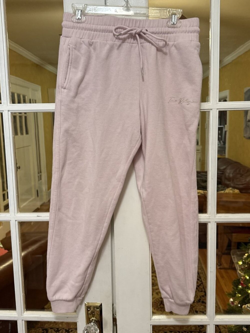 True Religion Baby Pink script Foil Jogger sweatpants with Pink Tie Women Size M